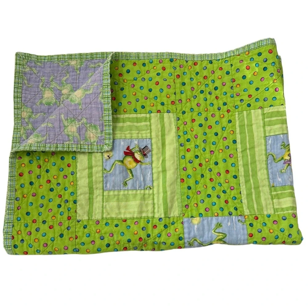 Handmade Quilted Baby Blanket Green  Frogs Polka Dot  34x25